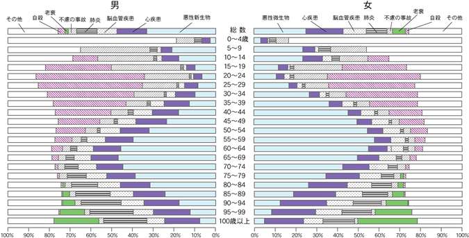 性・年齢階級別にみた主な死因の構成割合